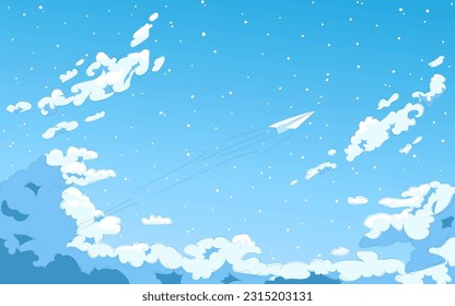 Vector illustration of Cloudy Sky in Anime manga style with paper plane, background, template