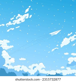 Ilustración vectorial del cielo nublado en estilo manga anime con plano de papel volador, fondo, plantilla