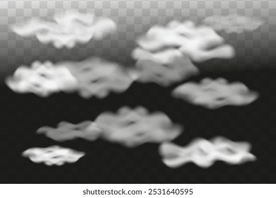 Vector illustration of cloudy sky isolated on black background. Transparent effect.