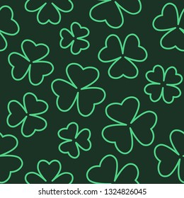 Vector illustration of clover glowing outline seamless pattern on dark background 