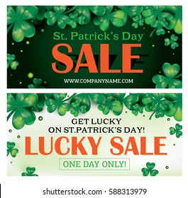 Vector illustration clover leaves on a green background. Design template for sale on St. Patrick's Day.