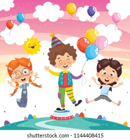 Vector Illustration Of Clown And Children