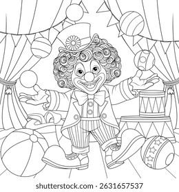 Vector illustration, clown in the circus juggles balls, coloring