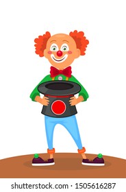 Vector illustration of clown in colorful clothes holding a hat