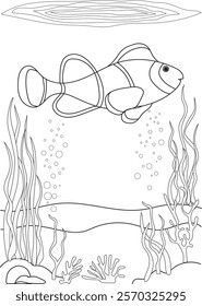 Vector illustration of Clown fish in the sea. with a seascape as the background. Creativity coloring book for children.