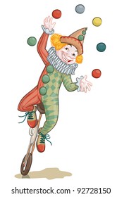 Vector illustration, clown juggling, card concept, white background.