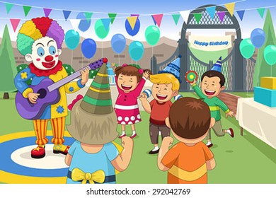 A Vector Illustration Of Clown At A Kids Birthday Party