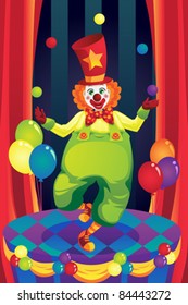 A vector illustration of a clown performing on stage