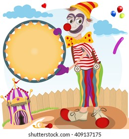 Vector illustration of clown with round banner and a small circus tent.