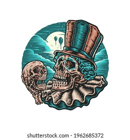 Vector illustration of clown skull, hand drawn line style with digital color