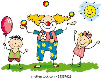 A vector illustration of Clown  with two children.