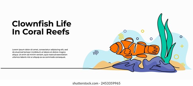 Vector illustration of clownfish life in coral reefs. Modern flat in continuous line style.