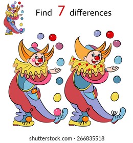 Vector illustration, clowns playing, find the differences between images, cartoon concept.