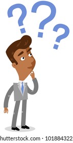 Vector illustration of a clueless asian cartoon businessman looking at three blue question marks next to his head.