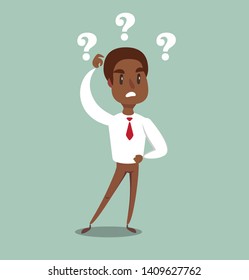 Vector illustration of a clueless cartoon black african american businessman with three question marks above his head.