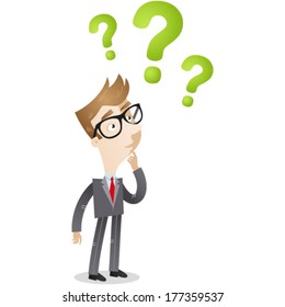 Vector Illustration Of A Clueless Cartoon Businessman Looking At Three Green Question Marks Above His Head.