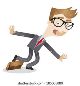 Vector Illustration Of A Clumsy Cartoon Businessman Stumbling Over His Briefcase.