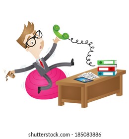 Vector Illustration Of A Clumsy Cartoon Businessman Sitting On A Wobbly Exercise Ball At His Desk.