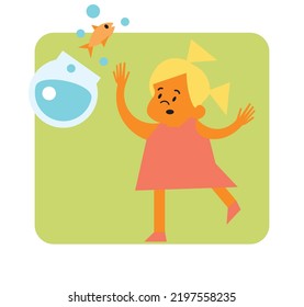 Vector Illustration Of A Clumsy Little Blond Girl Catching A Falling Aquarium With A Gold Fish, Vintage Style Cartoon Sticker