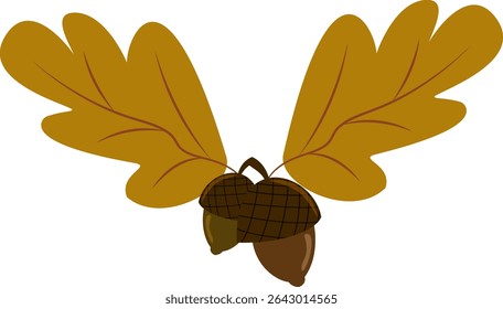 Vector illustration of a cluster of golden autumn oak leaves and two dark brown acorns. Ideal for fall, Thanksgiving, and nature-themed designs.