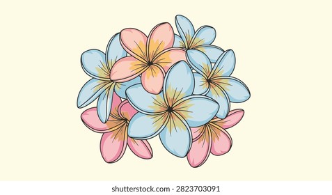 Vector illustration of a cluster of pastel pink and blue plumeria frangipani flowers with yellow centers, featuring clean black outlines on a solid light cream background.