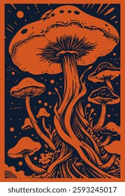 Vector illustration with a cluster of towering, otherworldly mushrooms with twisting stems and intricate gills, set against a deep, dark background. The bold, high-contrast color