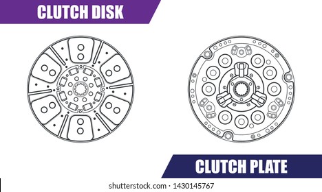 Vector illustration, clutch disk and clutch plate for tractor.