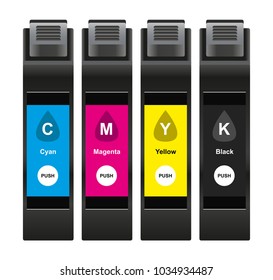 Vector illustration of CMYK ink cartridges which consist of cyan, magenta, yellow and black isolated on white background