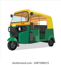 Ilustración vectorial de CNG Auto Rickshaw, Auto Rickshaw Arte vectorial, dibujo de Vector de rickshaw auto, cabina Tuk Tuk, vista lateral de rickshaw auto indio, Tuk-Tuk India, taxi bebé, amarillo y verde, 