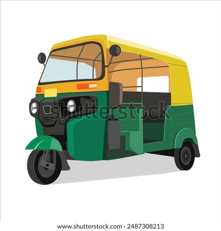 Vector Illustration of CNG Auto Rickshaw, Auto Ricksha vector art, auto rickshaw vector drawing, Tuk Tuk cab, Indian auto rickshaw side view, Tuk-Tuk India, baby taxi, yellow and green, 