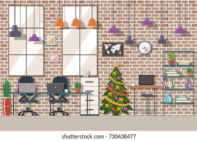 Vector illustration of  co working space. Christmas working place