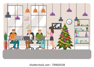Vector illustration of  co working space. Christmas working place, office.
