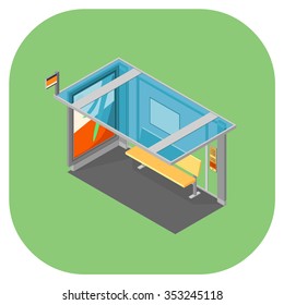 A vector illustration of a coach shelter.
Isometric bus stop with bus timetable.
Shelter and seating for coach or bus stops.