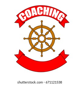 Vector illustration of coaching logo or icon concept illustration with handwheel and word on ribbon