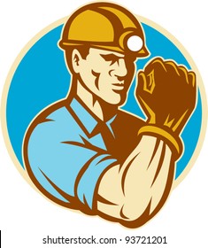 vector illustration of a coal miner with clenched fist viewed from the front set inside circle done in retro style on isolated background.