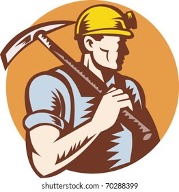 Vector Illustration Of A Coal Miner At Work With Pick Ax Done In Retro Woodcut Style