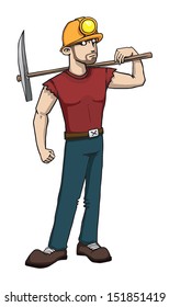 vector illustration of a coal miner working with pickaxe, vector illustration