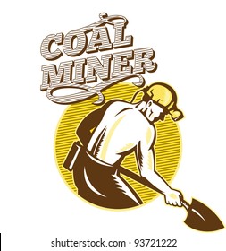 vector illustration of a coal miner working with shovel viewed from the side set inside circle on isolated white background done in retro woodcut style.