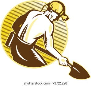 vector illustration of a coal miner working with shovel viewed from the side set inside circle on isolated white background done in retro woodcut style.