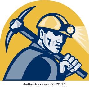 Vector Illustration Of A Coal Miner Working With Pickaxe Viewed From The Side Looking Front Isolated White Background Done In Retro Woodcut Style.