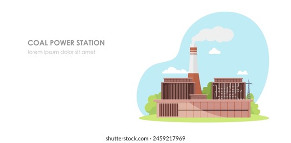 Ilustración vectorial de una central eléctrica de carbón con chimeneas y naves industriales sobre fondo azul claro. Ilustración vectorial