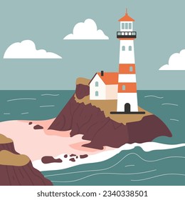 Vector illustration of coast, lighthouse and sea. Flat style. Perfect for decorating projects with a travel, vacation and vacation theme. Editable, scalable, perfect for print and digital projects.