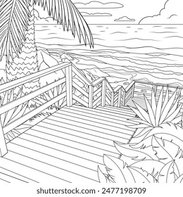 Vector illustration, coastal descent to the sea, book coloring.