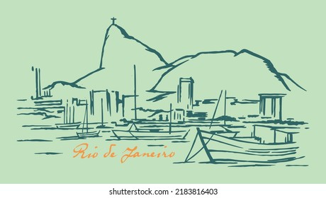 Vector illustration of coastal landscape of the city of Rio de Janeiro, Brazil, in stripped down strokes.