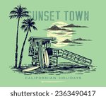 Vector illustration of coastal landscape with lifeguard station and surfboards. Art in rustic and laid-back lines. Design for printing on t-shirts, posters, etc.