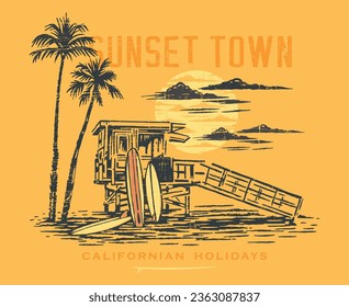 Ilustración vectorial del paisaje costero con estación de socorristas y tablas de surf. Arte de estilo rústico y relajado. Diseño para imprimir en camisetas, carteles, etc.