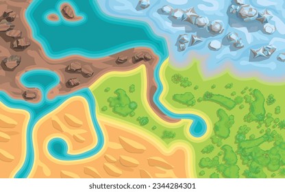 Vector illustration of a coastal landscape, with rocks, rivers, shore, plants. View from above. Top view.