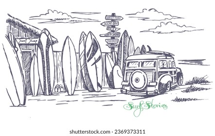 Vector illustration of coastal landscape with surfer car, art in old style. Art in stripped and free strokes. Editable design for printing on t-shirts, decoration, etc...