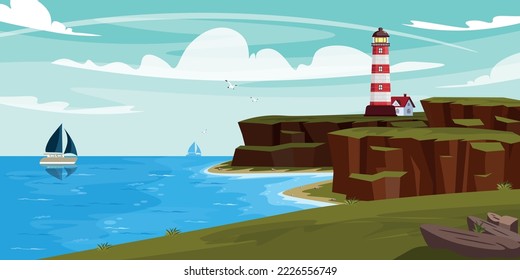 Vector illustration of coastal lighthouse. Cartoon sea landscape with lighthouse on the slope, sheer cliffs, ships in the sea, seagulls.