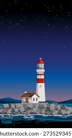 Vector illustration of a coastal lighthouse and cottage on stone breakwater under starry night